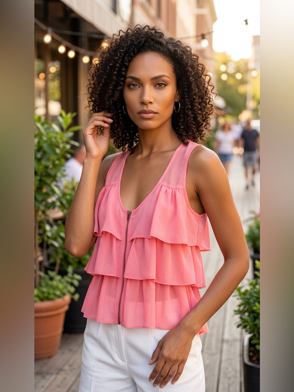 Coral Tiered Ruffle Zip Front Tank Top